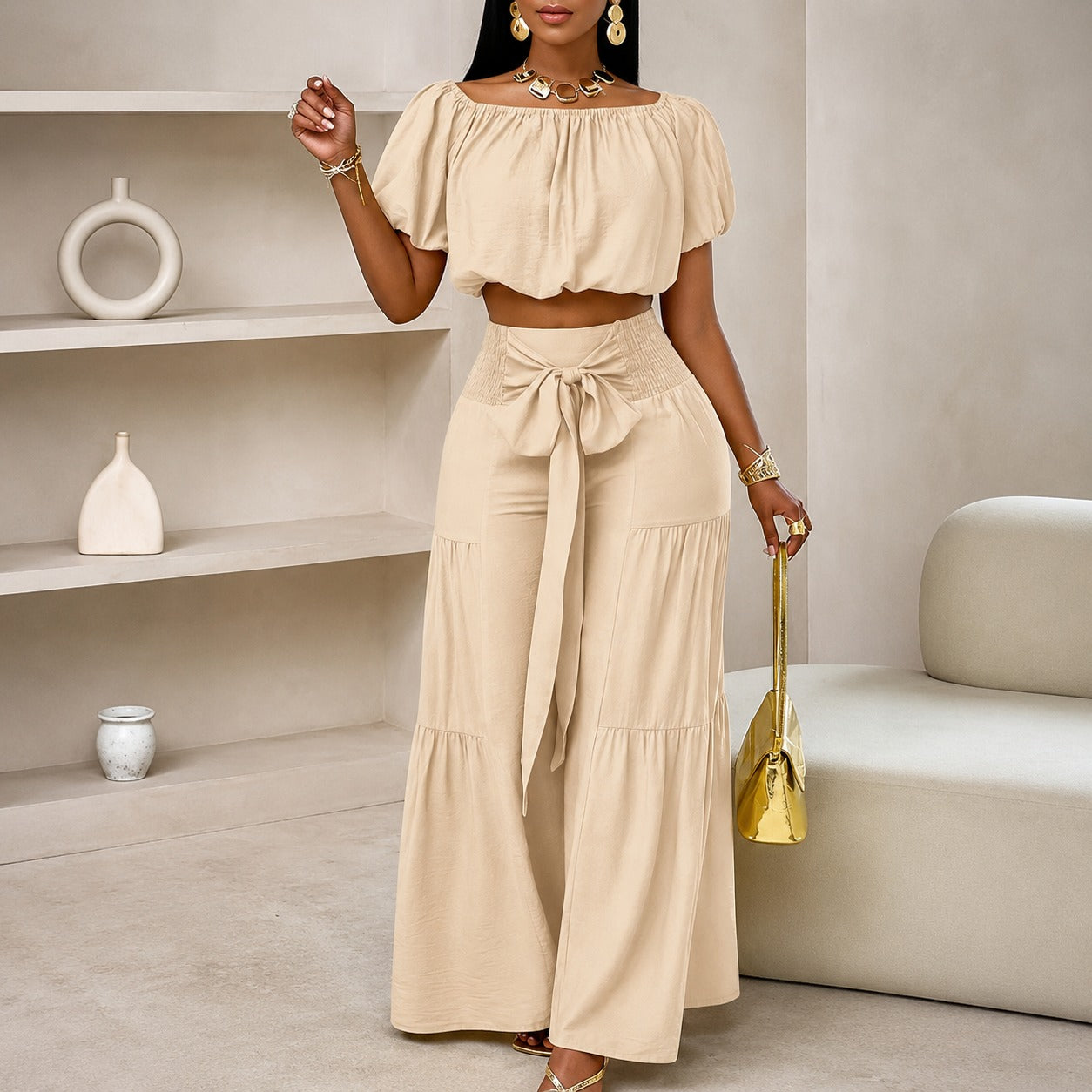 Coord Set Marella™ with Off-Shoulder Crop Top, Wide-Leg Pants and Waist Tie