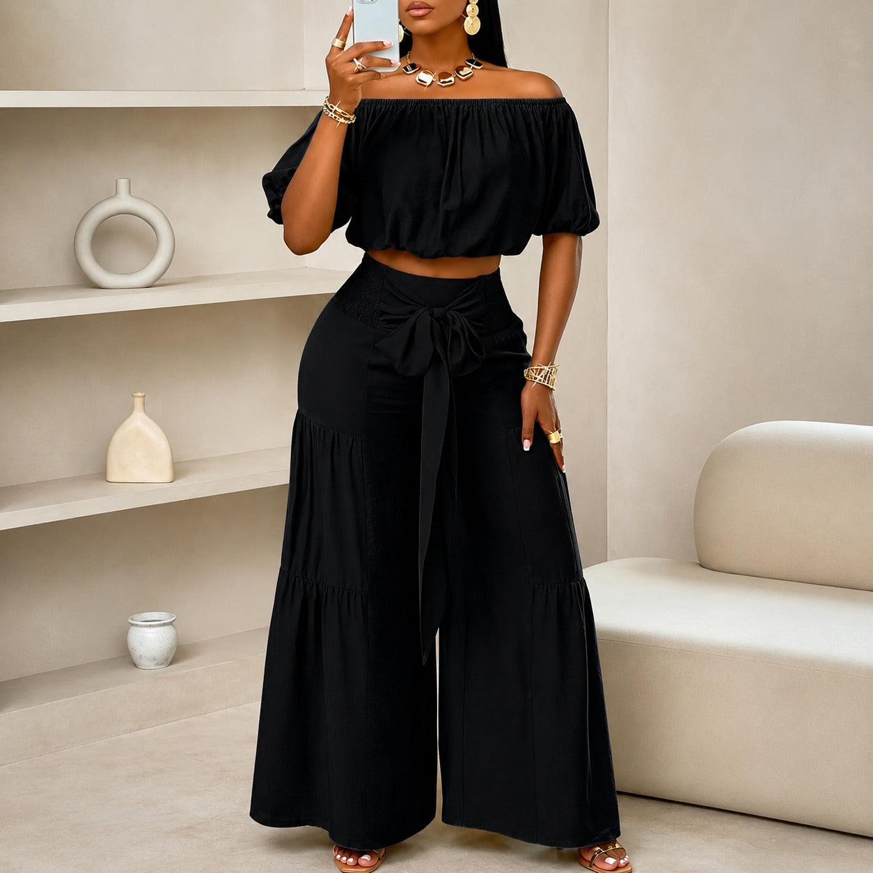 Coord Set Marella™ with Off-Shoulder Crop Top, Wide-Leg Pants and Waist Tie
