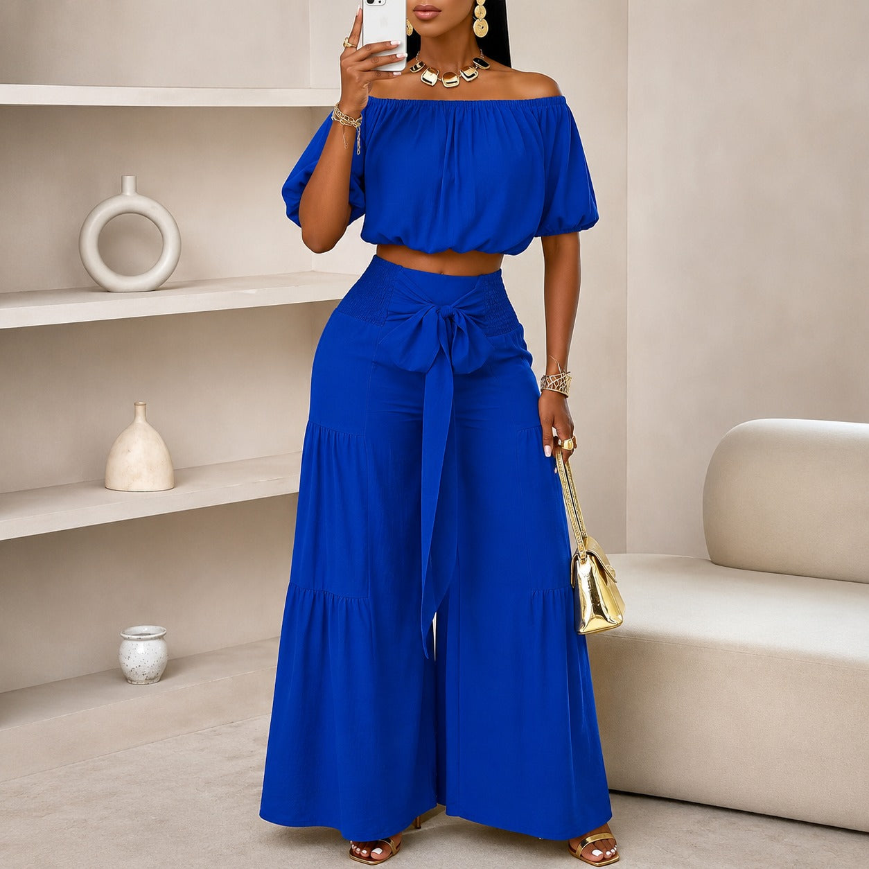 Coord Set Marella™ with Off-Shoulder Crop Top, Wide-Leg Pants and Waist Tie
