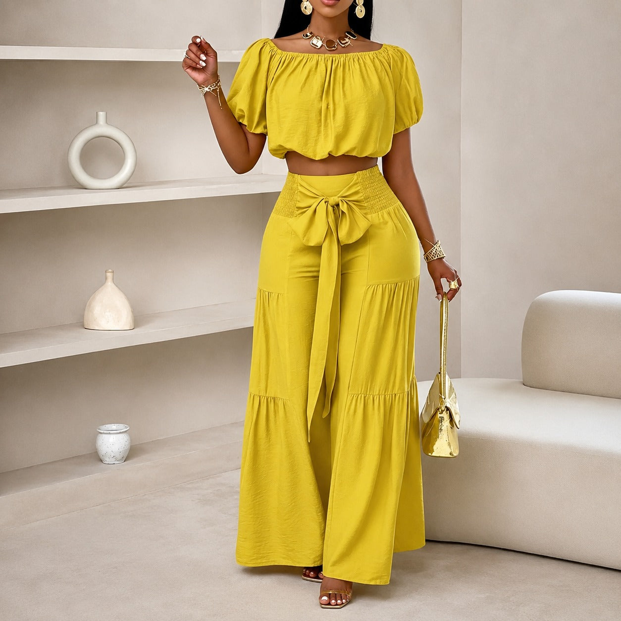 Coord Set Marella™ with Off-Shoulder Crop Top, Wide-Leg Pants and Waist Tie