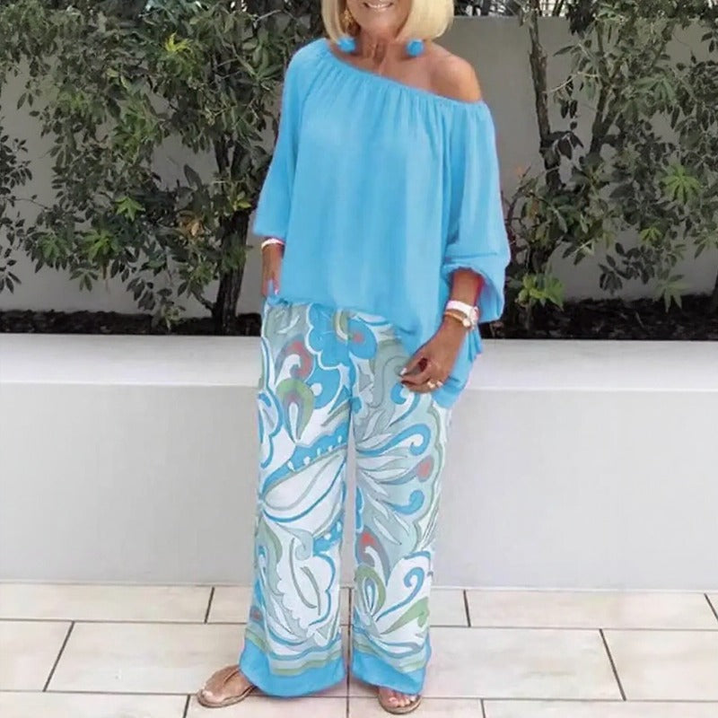 Azzura™ Off-Shoulder Top Set With Printed Wide-Leg Pants