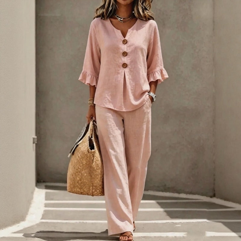 Carmelle™ Button-Up Blouse Set With Ruffle Sleeves And Wide-Leg Pants
