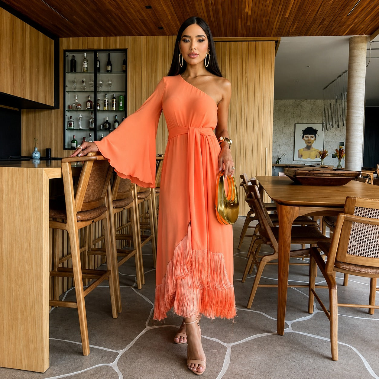 Dress Lumera™ with One-Shoulder Neckline, Flowy Drape and Ruffled Hem