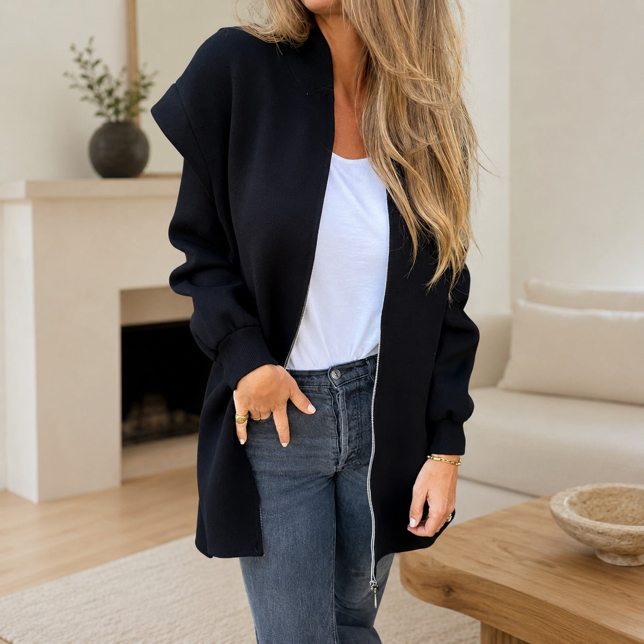 Hooded Cardigan Brinley™ with Soft Knit, Longline Fit and Front Zip
