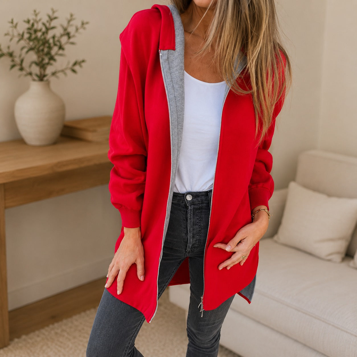 Hooded Cardigan Brinley™ with Soft Knit, Longline Fit and Front Zip