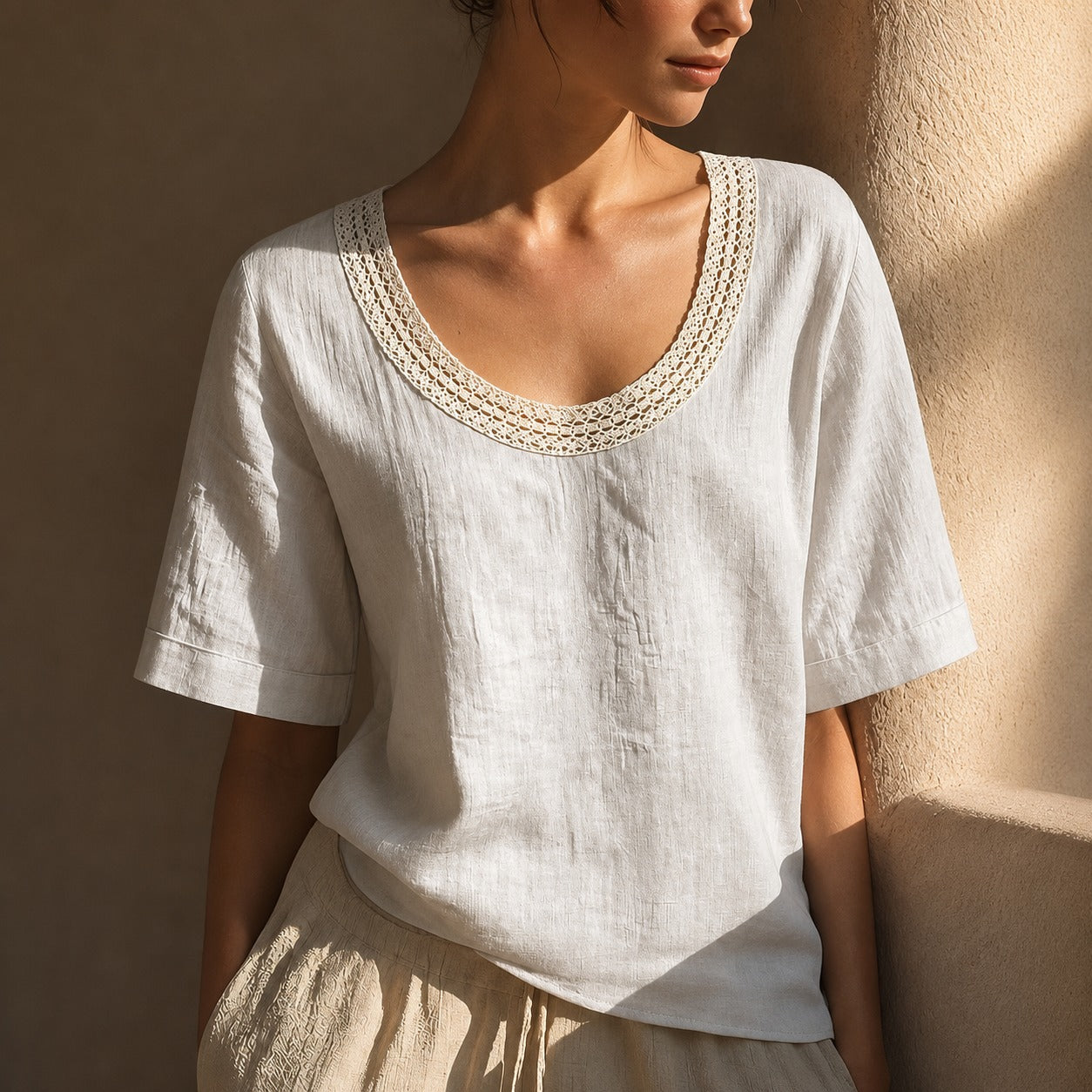 Blouse Evelin™ in Linen Cotton with Crochet Neckline