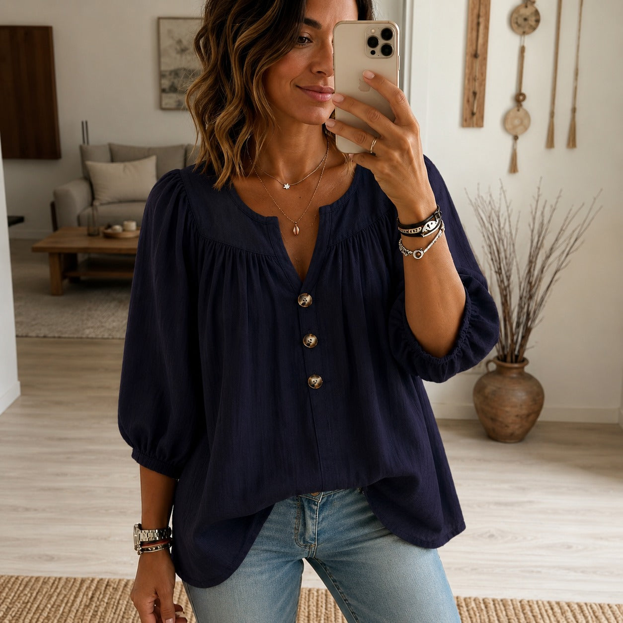 Noemi™ Cotton Blouse with 3/4 Sleeves and Button-Front