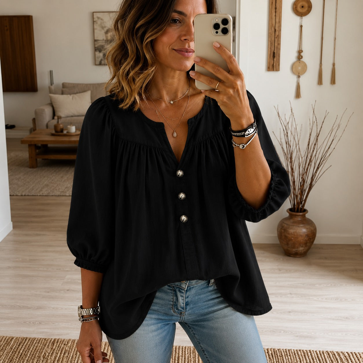 Noemi™ Cotton Blouse with 3/4 Sleeves and Button-Front