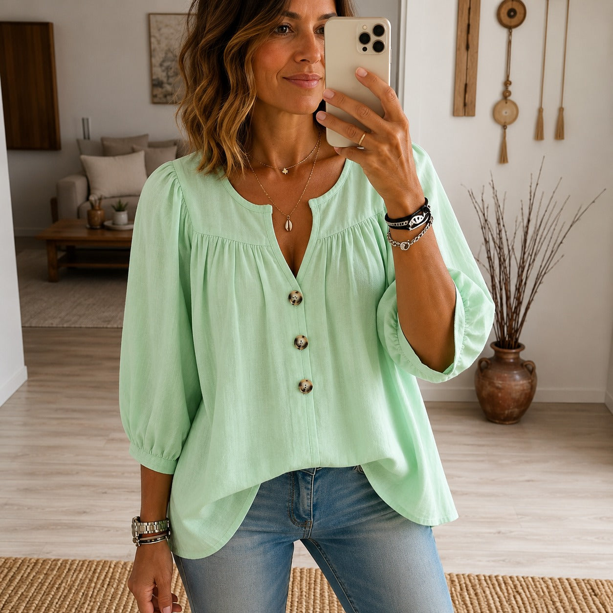 Noemi™ Cotton Blouse with 3/4 Sleeves and Button-Front