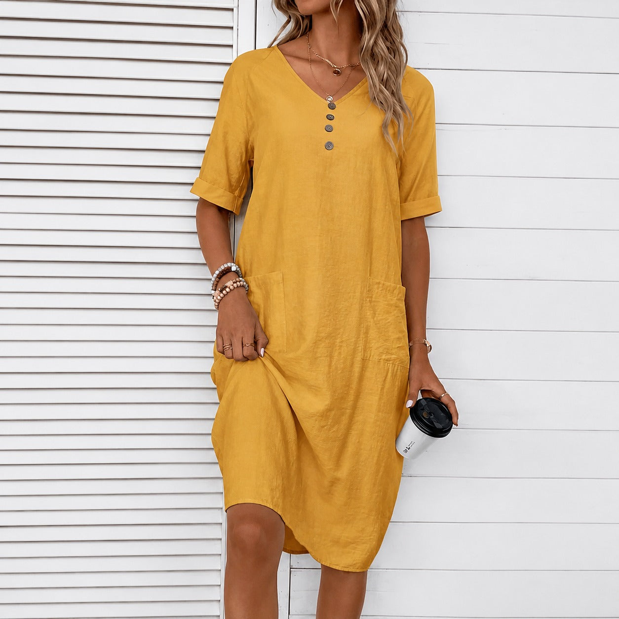 Cotton Linen Midi Dress Mirelle™ with V-Neck, Front Pockets and Relaxed Fit