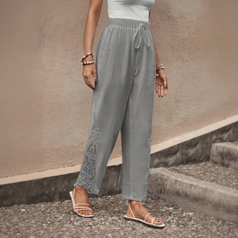 Vionna™ Lightweight Pants With Cutout Embroidery Hem
