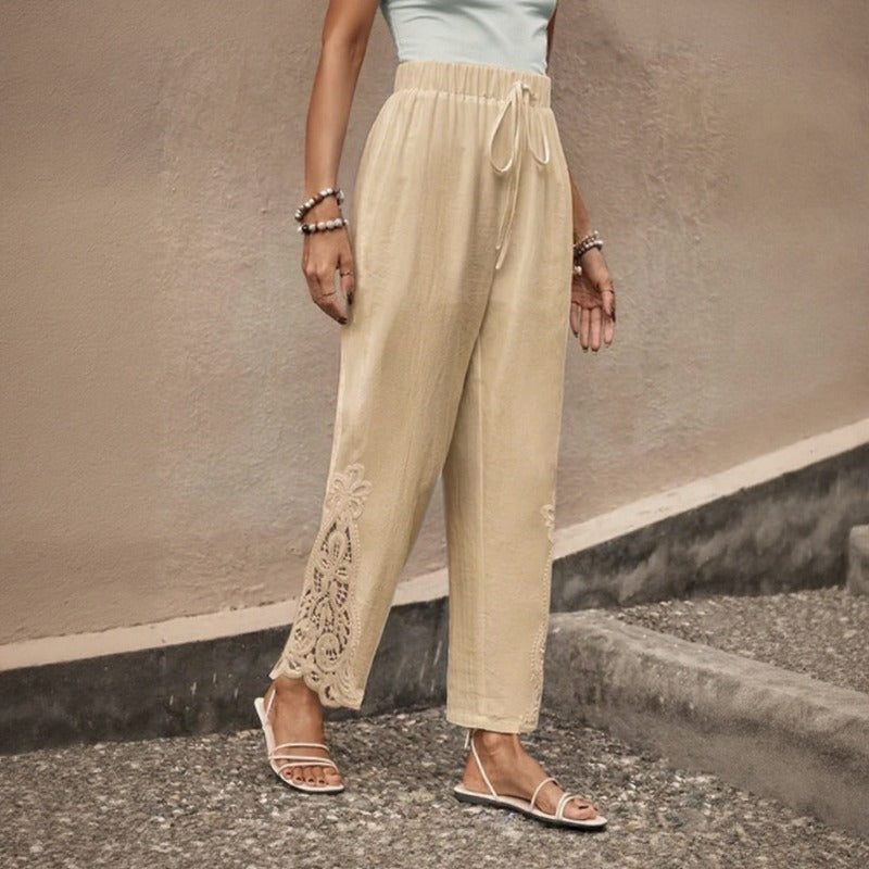 Vionna™ Lightweight Pants With Cutout Embroidery Hem