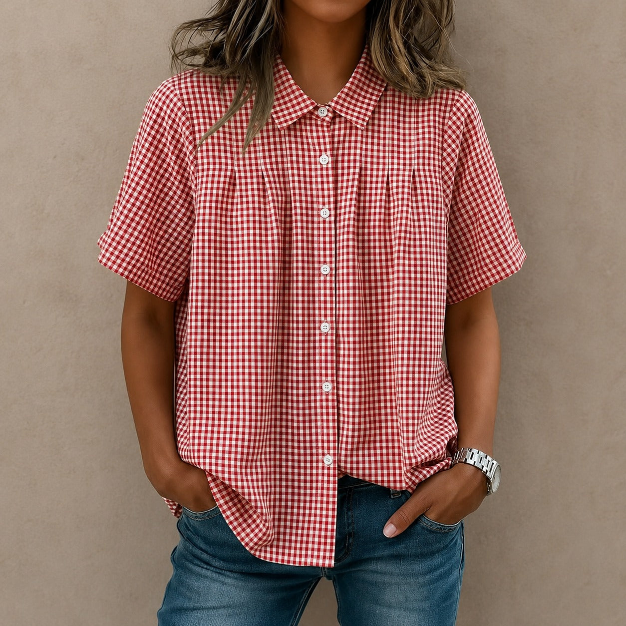 Shirt Lisette™ with Gingham Pattern, Front Pleats and Relaxed Fit