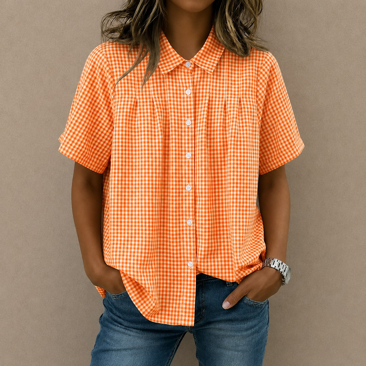 Shirt Lisette™ with Gingham Pattern, Front Pleats and Relaxed Fit