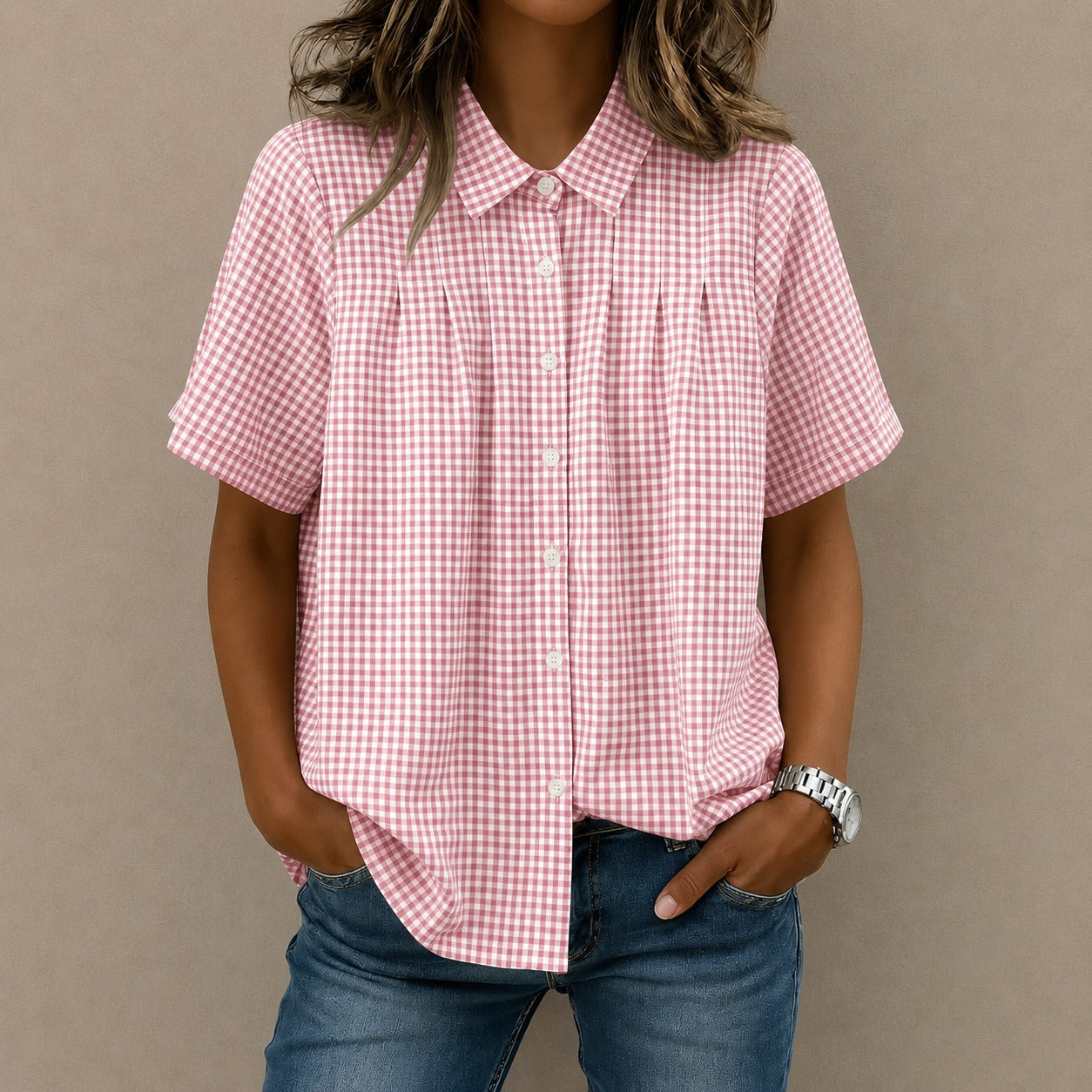 Shirt Lisette™ with Gingham Pattern, Front Pleats and Relaxed Fit