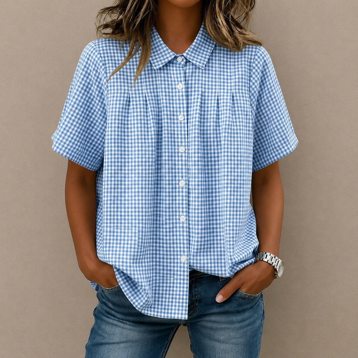 Shirt Lisette™ with Gingham Pattern, Front Pleats and Relaxed Fit