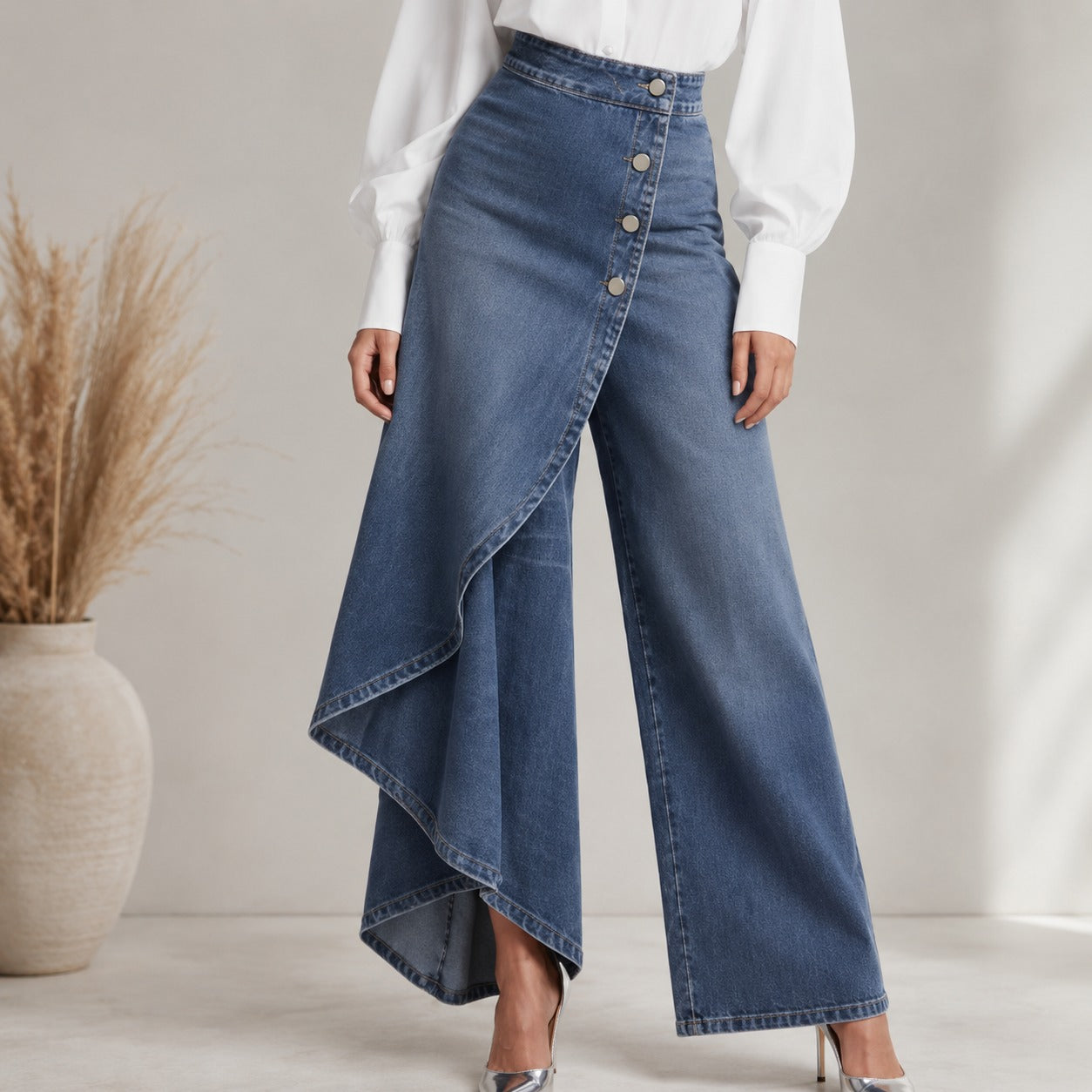 Jeans Pants Aviana™ with Draped Front Panel and High Waist