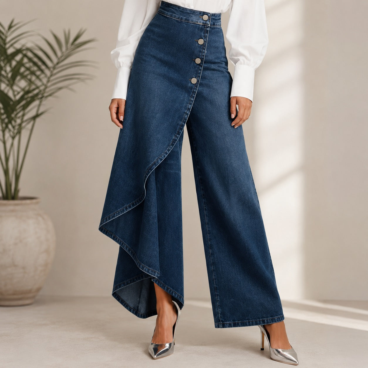 Jeans Pants Aviana™ with Draped Front Panel and High Waist