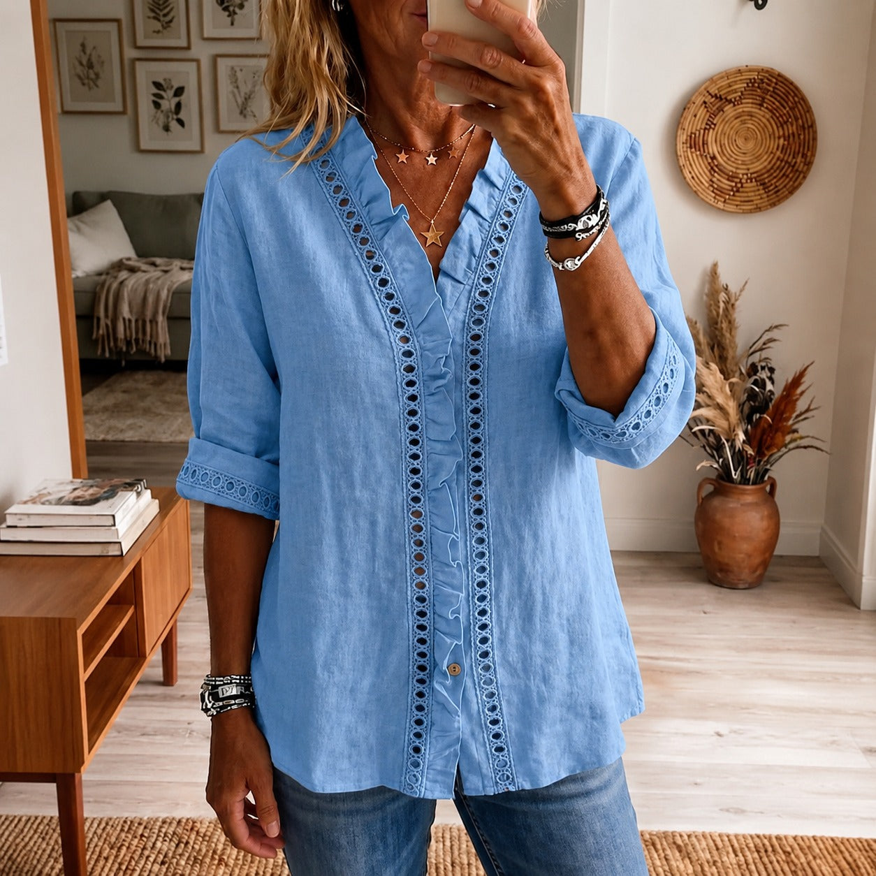 Linen Blouse Briony™ with Eyelet Lace and Ruffle Trim