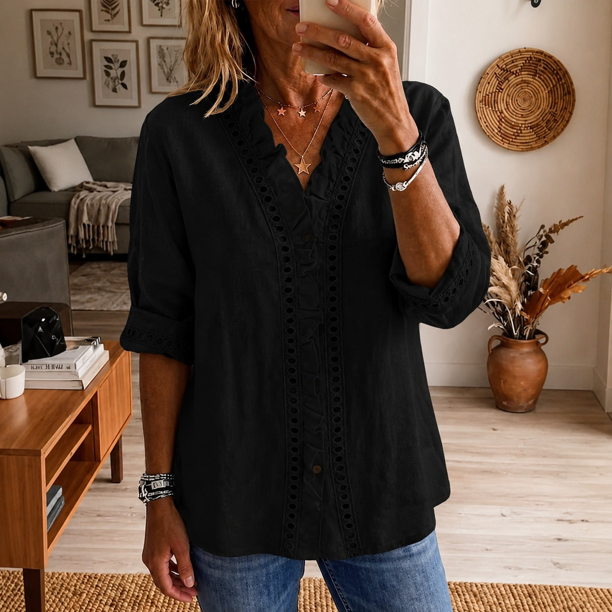 Linen Blouse Briony™ with Eyelet Lace and Ruffle Trim