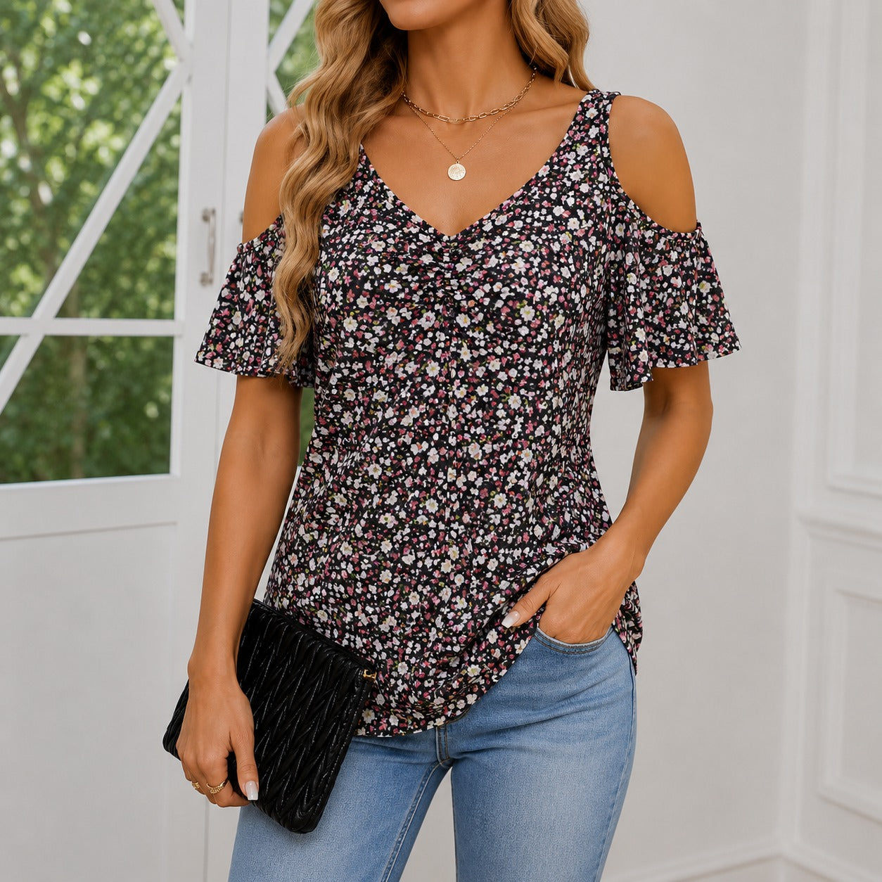 Blouse Arlette™ with Cold-Shoulder Sleeves, V-Neck and Gathered Front