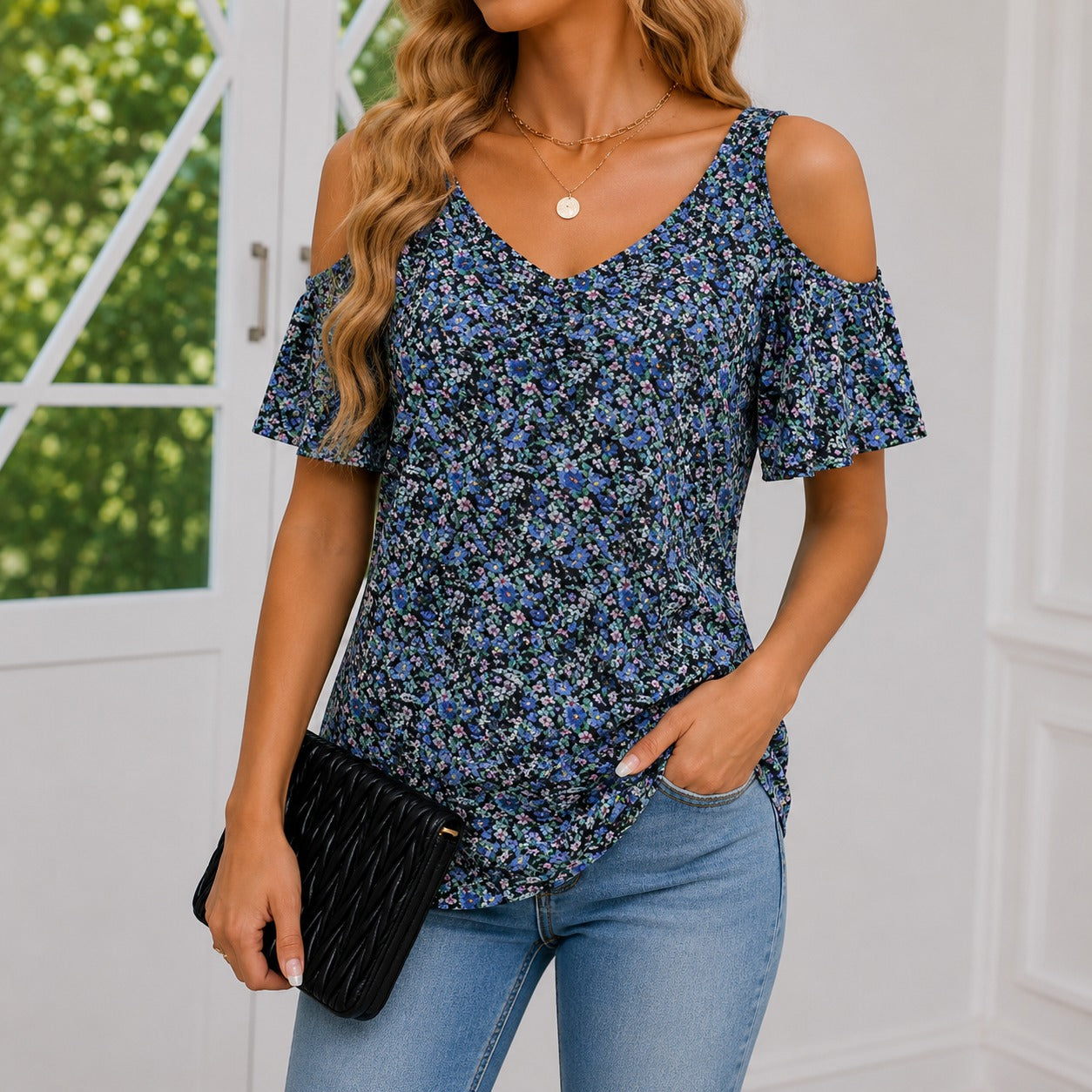 Blouse Arlette™ with Cold-Shoulder Sleeves, V-Neck and Gathered Front