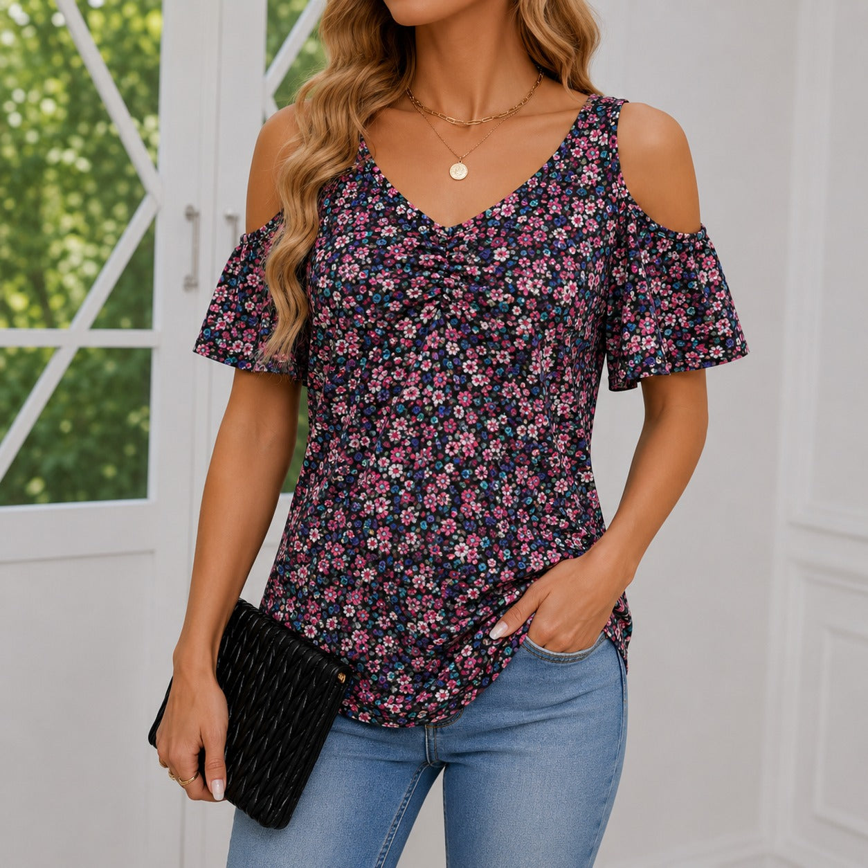 Blouse Arlette™ with Cold-Shoulder Sleeves, V-Neck and Gathered Front