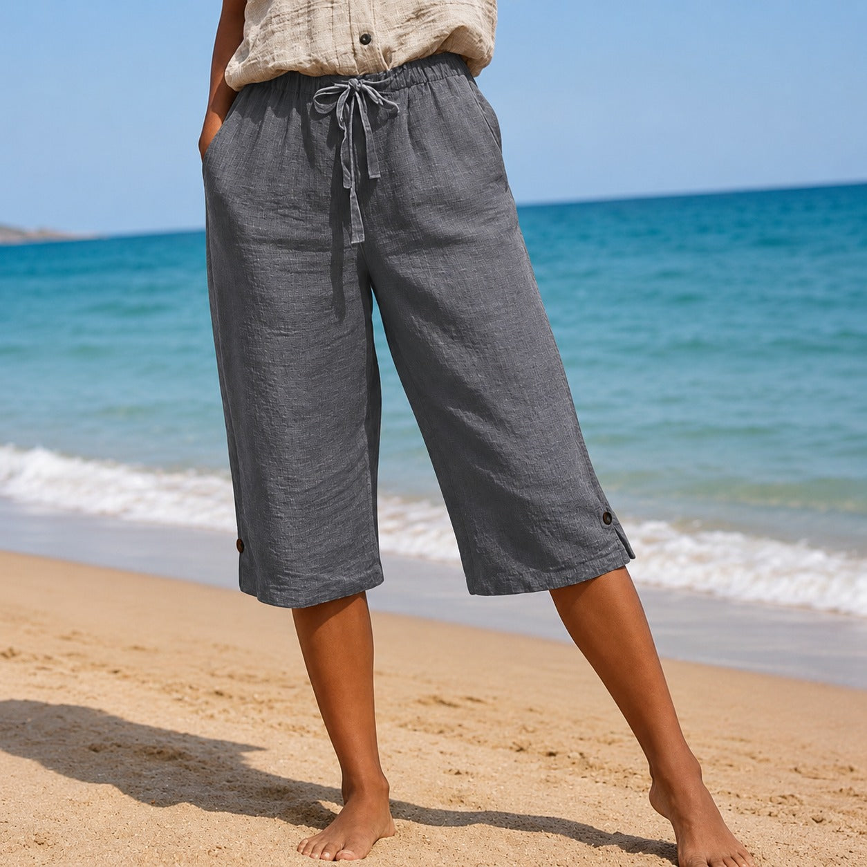 Renata™ Pantacourt Pants with Drawstring Waist, Side Pockets and Button Hem