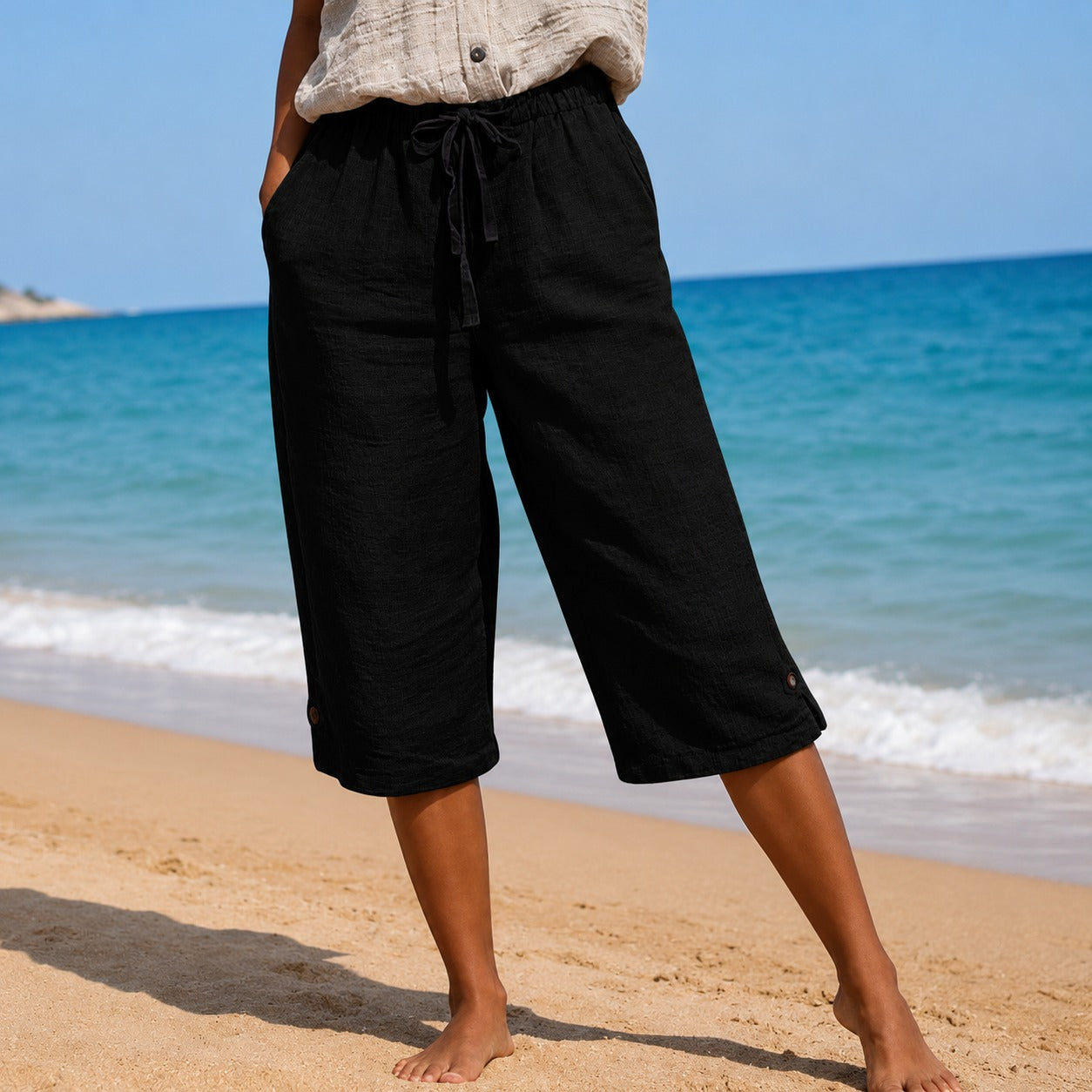Renata™ Pantacourt Pants with Drawstring Waist, Side Pockets and Button Hem