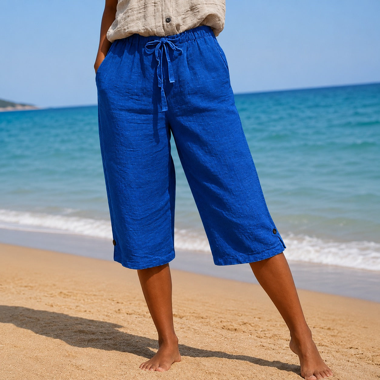 Renata™ Pantacourt Pants with Drawstring Waist, Side Pockets and Button Hem