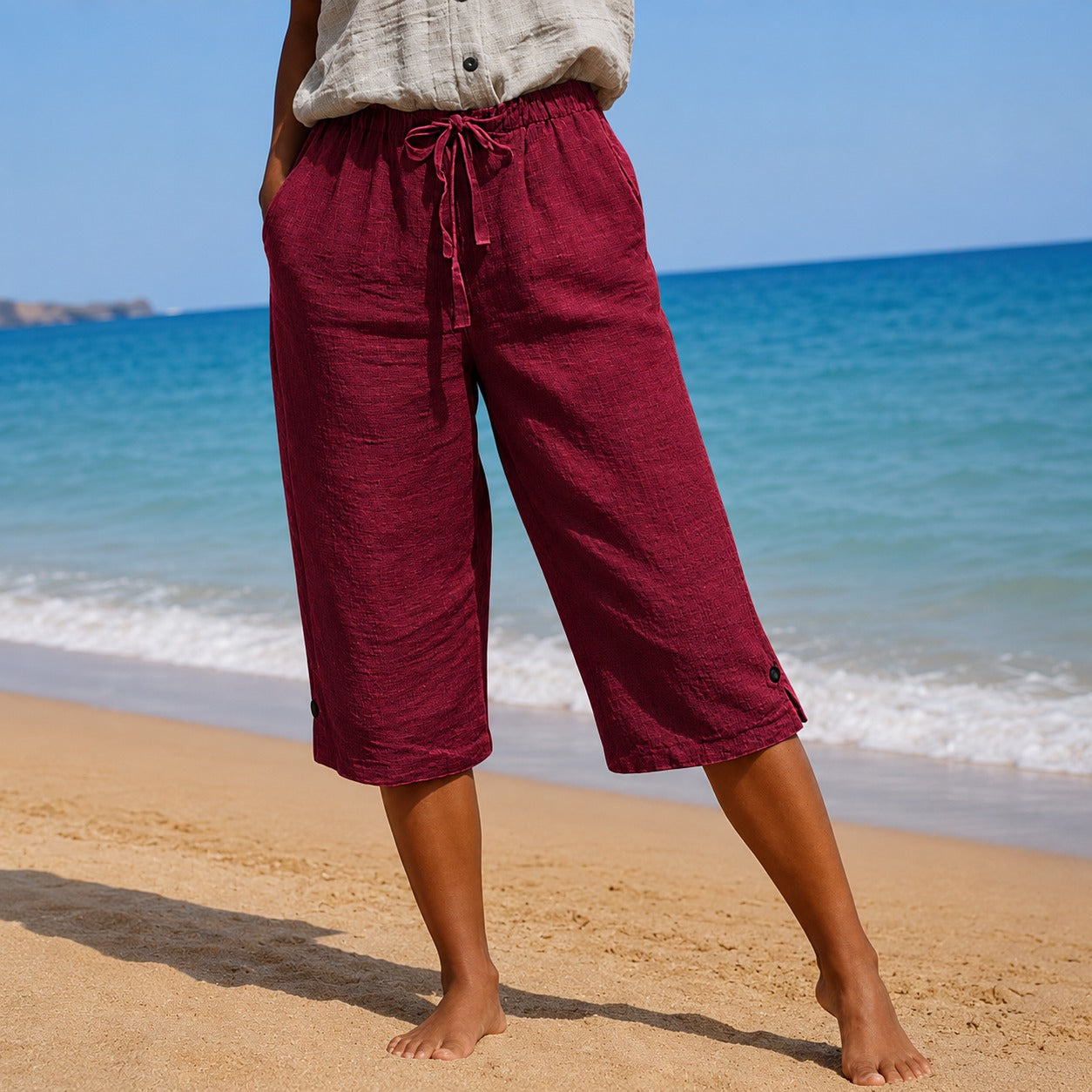 Renata™ Pantacourt Pants with Drawstring Waist, Side Pockets and Button Hem