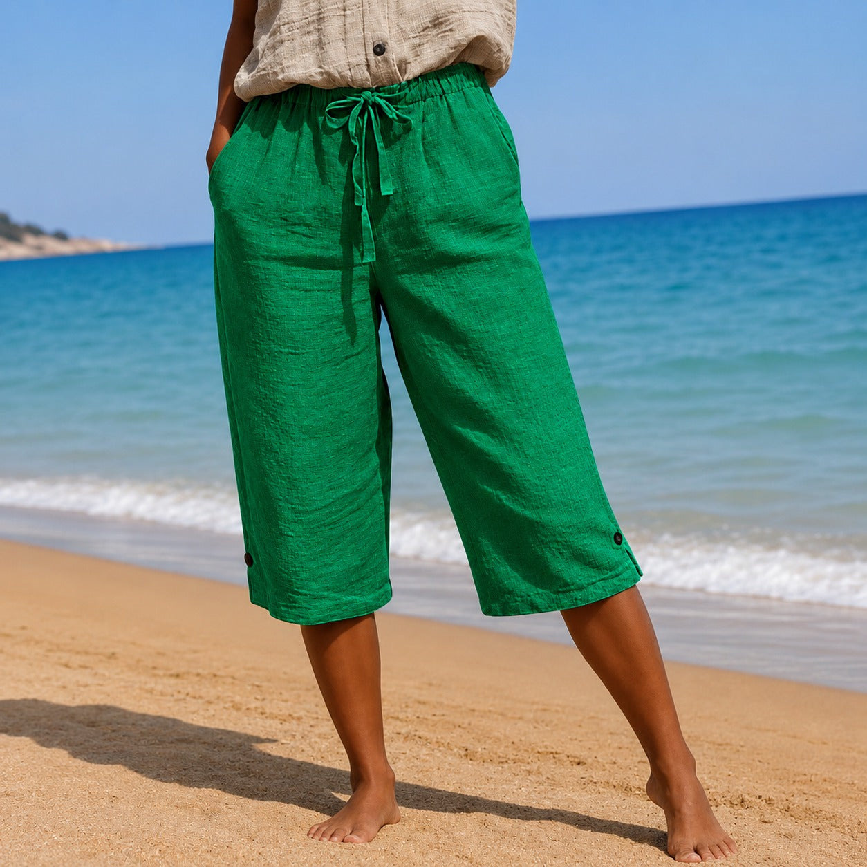 Renata™ Pantacourt Pants with Drawstring Waist, Side Pockets and Button Hem