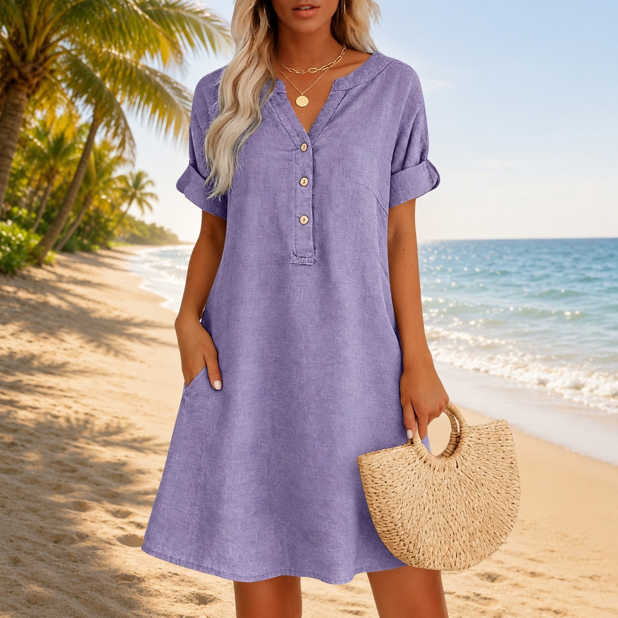 Dress Hadley™ in Cotton Linen with V-Neck, Button-Front and Side Pockets