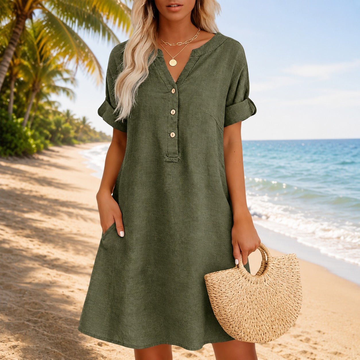 Dress Hadley™ in Cotton Linen with V-Neck, Button-Front and Side Pockets