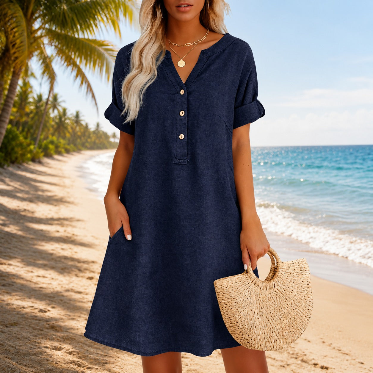 Dress Hadley™ in Cotton Linen with V-Neck, Button-Front and Side Pockets