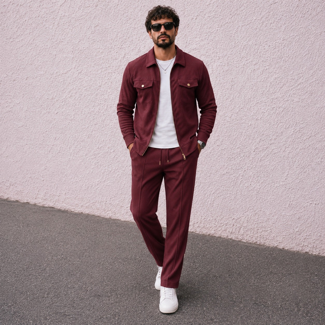 Coord Set Alvero™ with Textured Zip Overshirt and Drawstring Pants