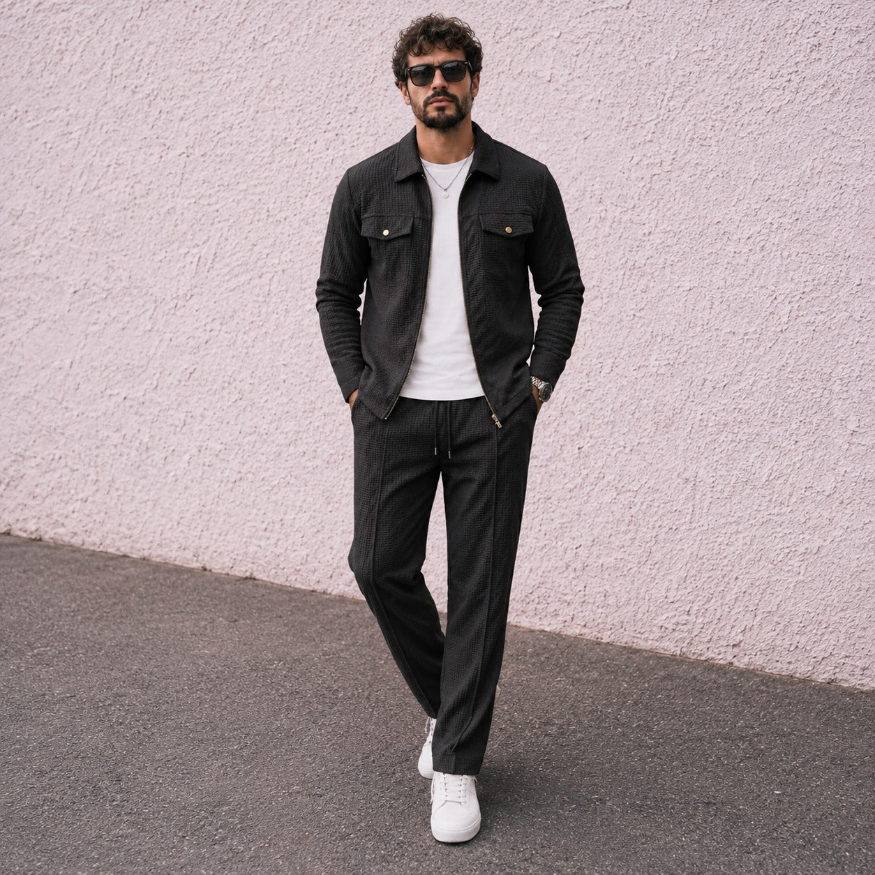 Coord Set Alvero™ with Textured Zip Overshirt and Drawstring Pants