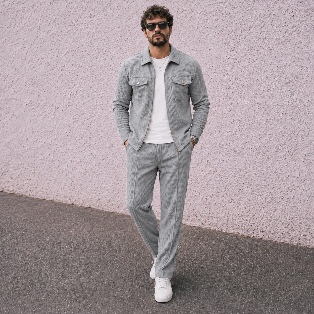 Coord Set Alvero™ with Textured Zip Overshirt and Drawstring Pants