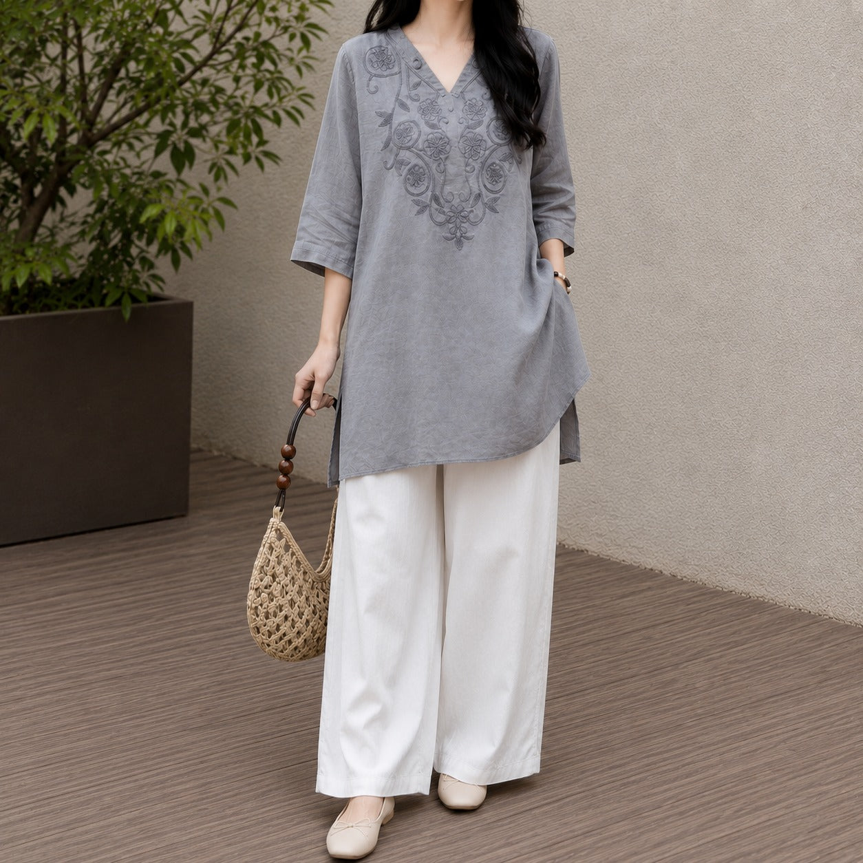 Caelia™ Cotton Tunic with Artisan Embroidery and Three-Quarter Sleeves