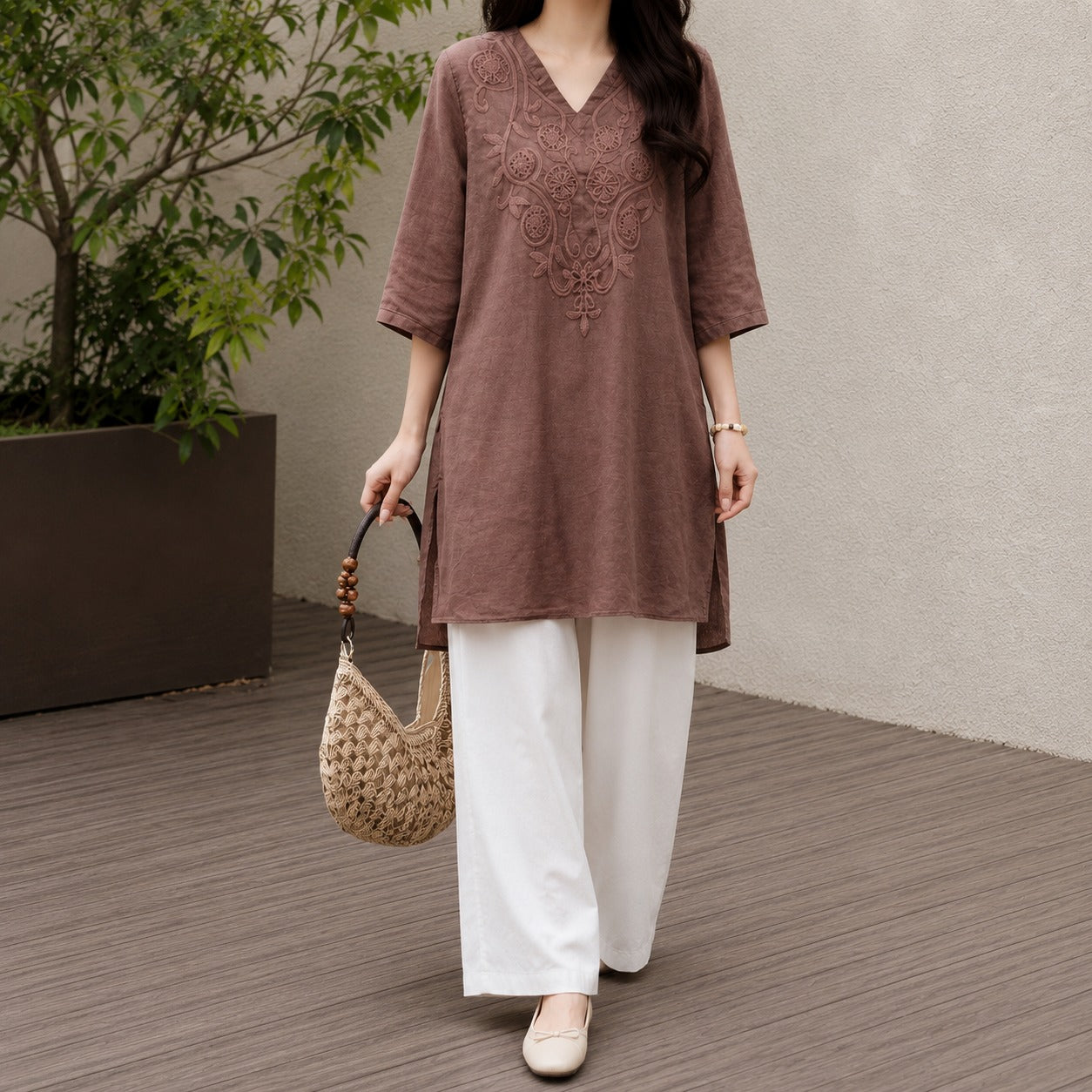 Caelia™ Cotton Tunic with Artisan Embroidery and Three-Quarter Sleeves
