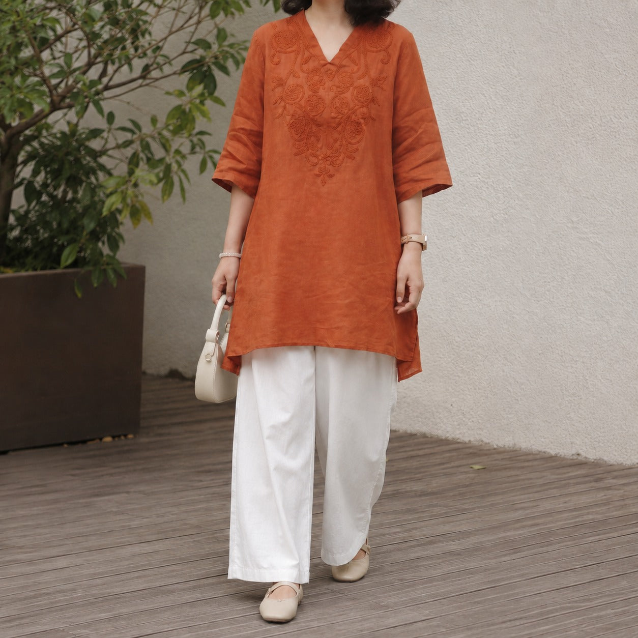 Caelia™ Cotton Tunic with Artisan Embroidery and Three-Quarter Sleeves