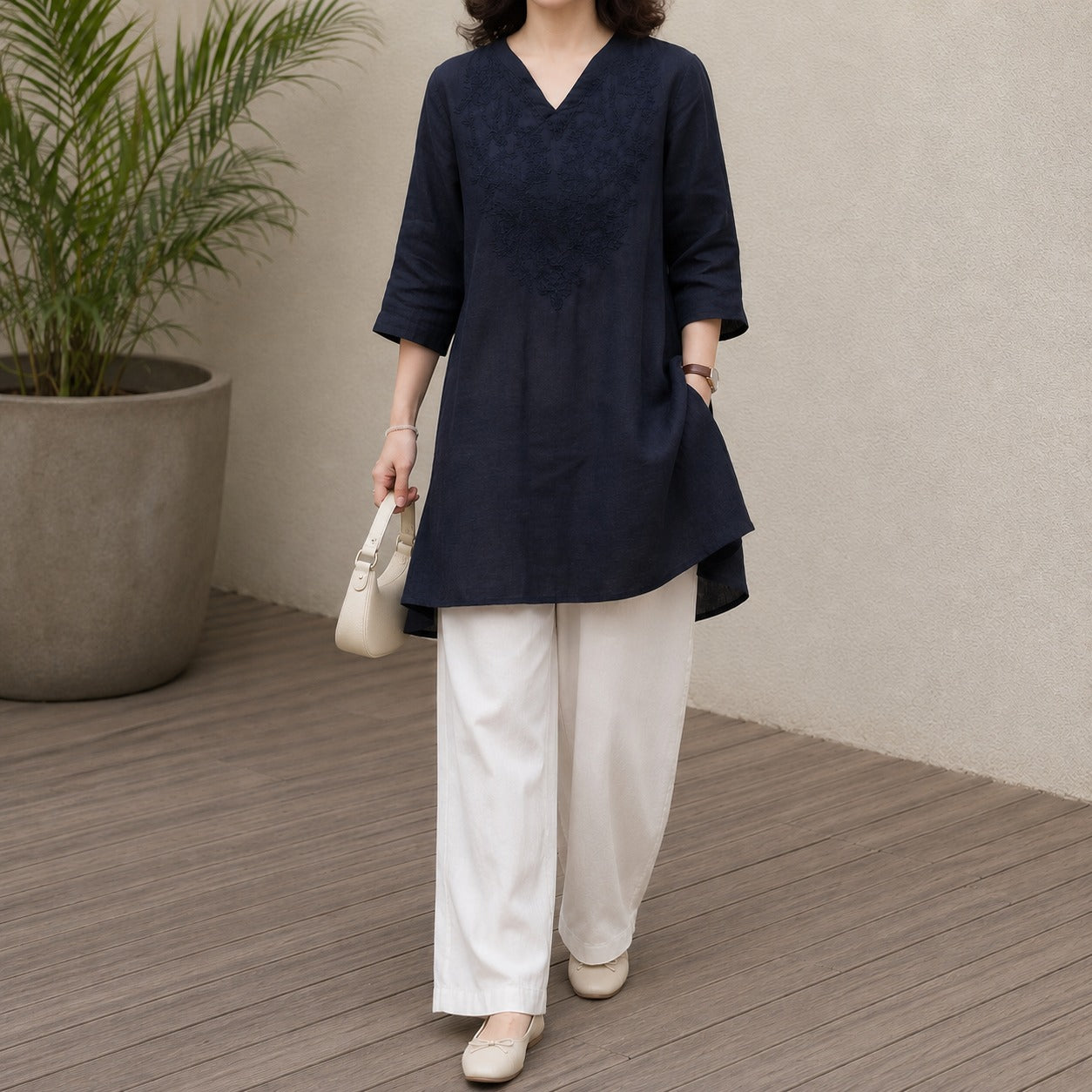 Caelia™ Cotton Tunic with Artisan Embroidery and Three-Quarter Sleeves