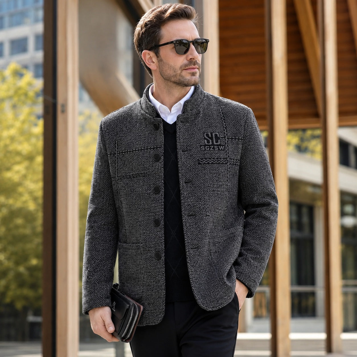 Coat Cedrik™ with Plush Fleece Lining, Stand Collar and Textured Fabric