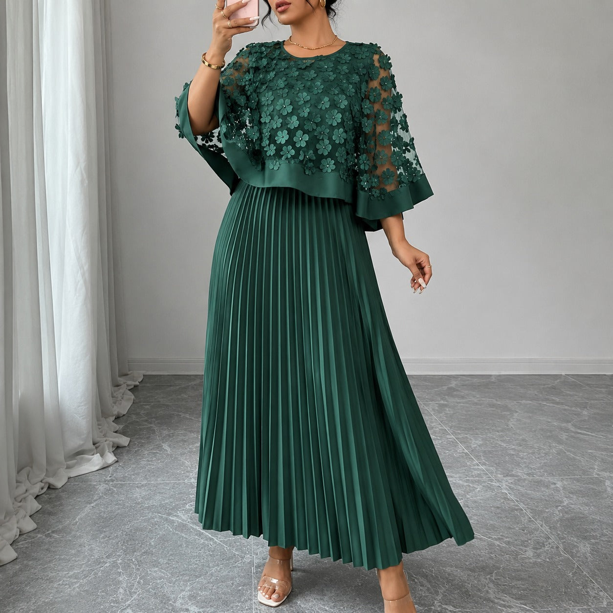 Rosmara™ 2-in-1 Midi Dress With 3D Floral Tulle And Pleated Skirt