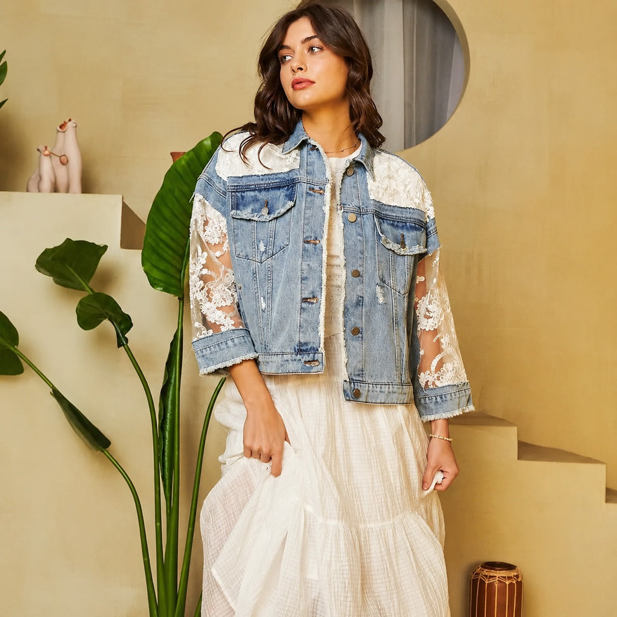 Denim Jacket Giselle™ with Sheer Floral Lace and Frayed Trim