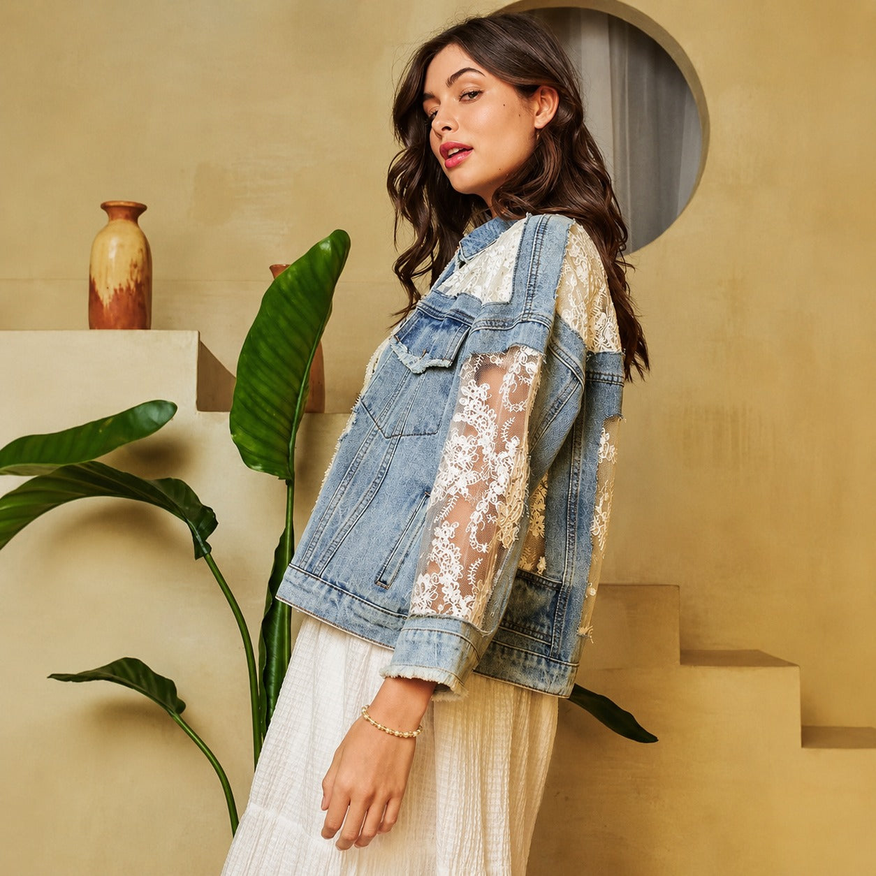 Denim Jacket Giselle™ with Sheer Floral Lace and Frayed Trim