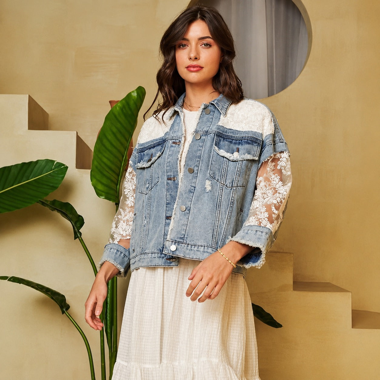 Denim Jacket Giselle™ with Sheer Floral Lace and Frayed Trim