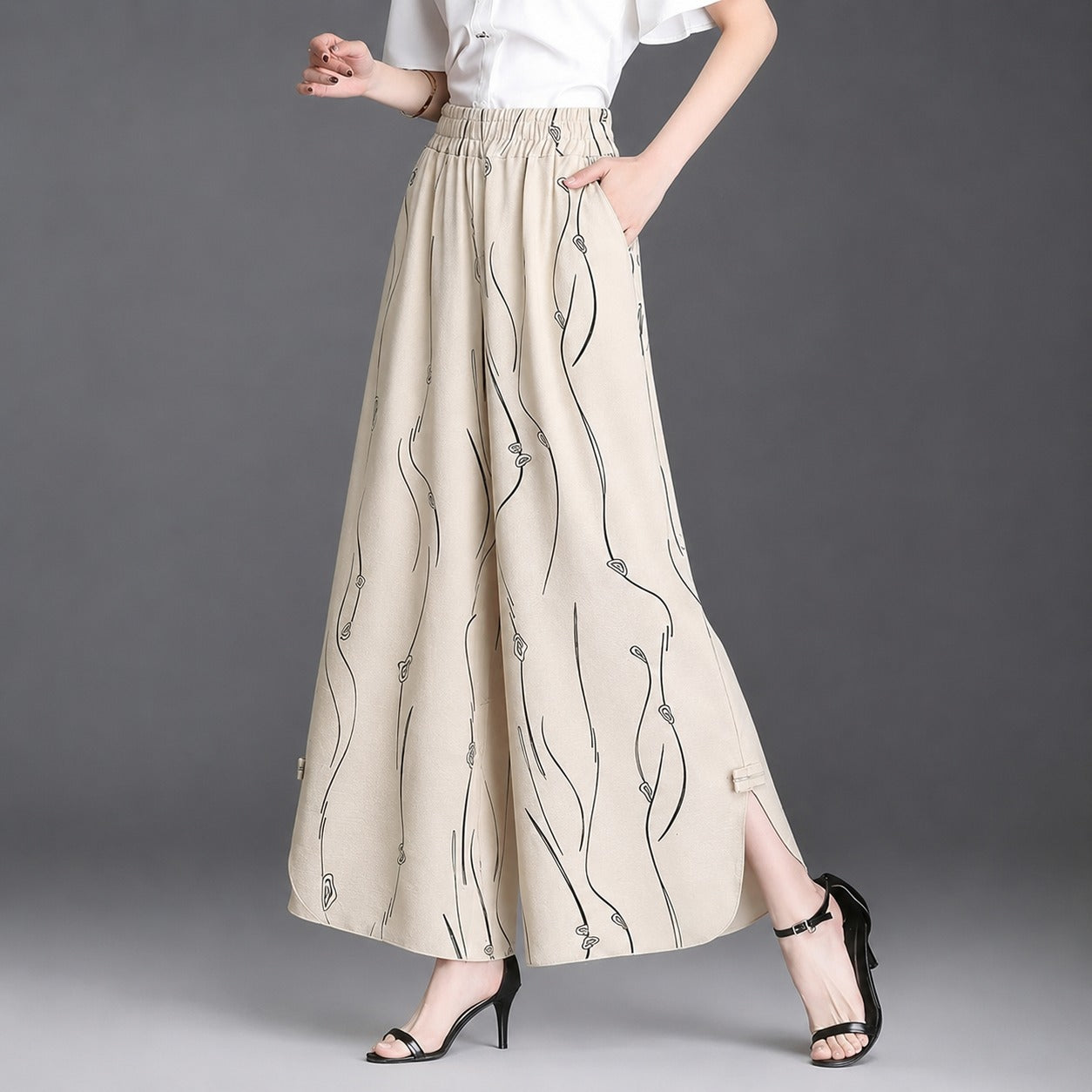 Pants Anette™ with Artistic Print and Side Hem Slits