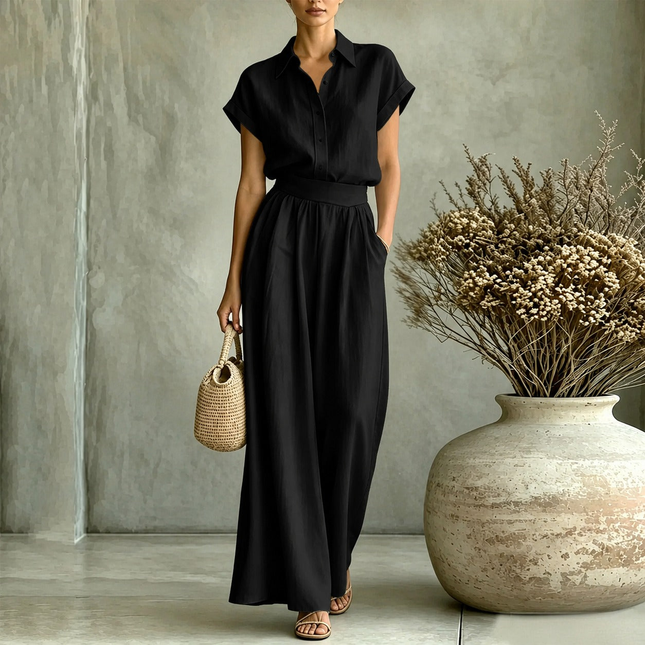 Set Virelle™ with Classic Collar Shirt and High-Waist Wide-Leg Pants