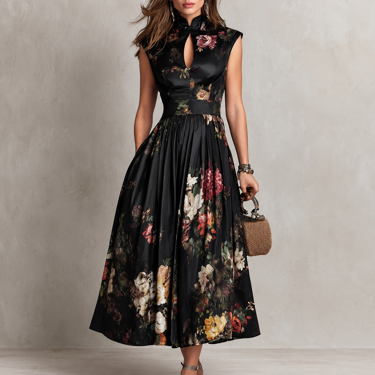 Dress Cambrie™ with Mandarin Collar, Keyhole Neckline and Floral A-Line Skirt